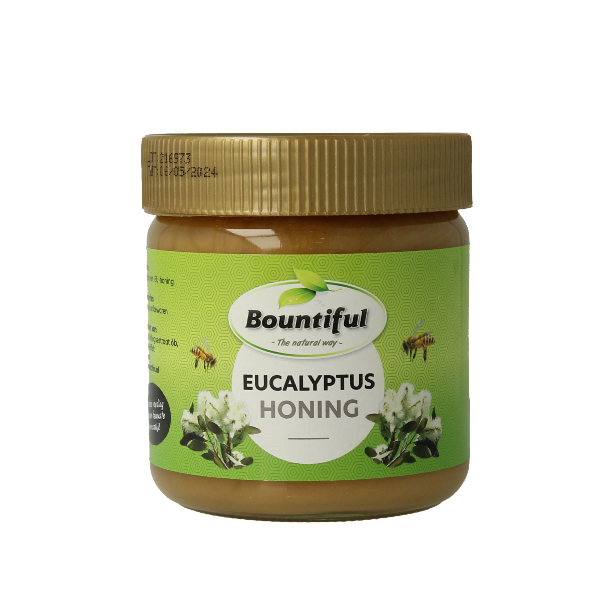 Bountiful Eucalyptus honing 500g jar showing smooth, natural eucalyptus honey in clear container with label visible