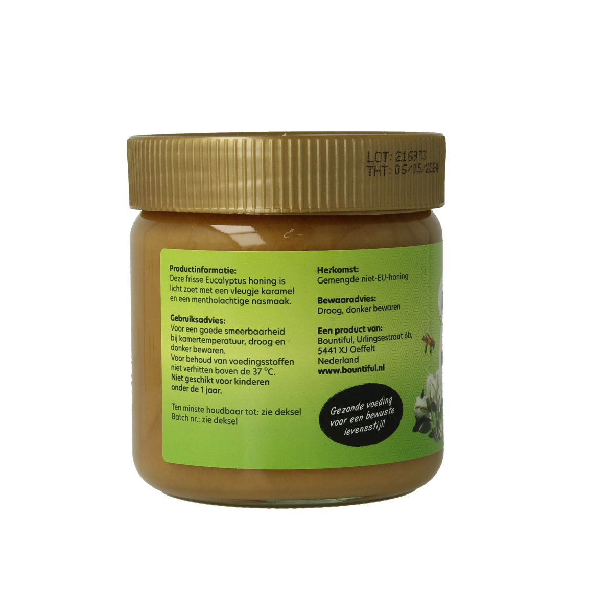 Bountiful Eucalyptus Honing 500g jar with a clear label, showcasing natural eucalyptus honey in a glass jar.