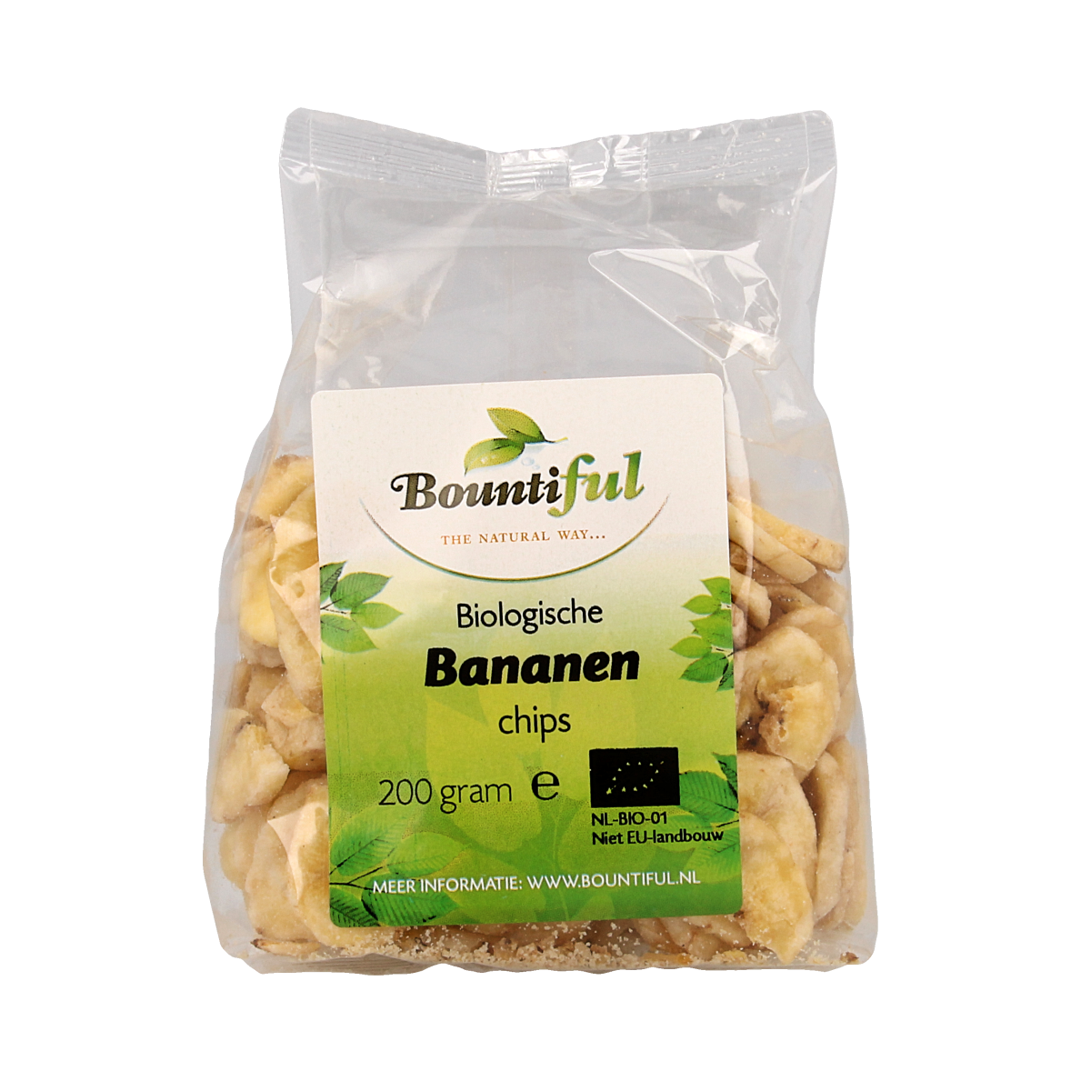 Bountiful organic banana chips snack in a 200g package, showing golden dried banana slices on the front.