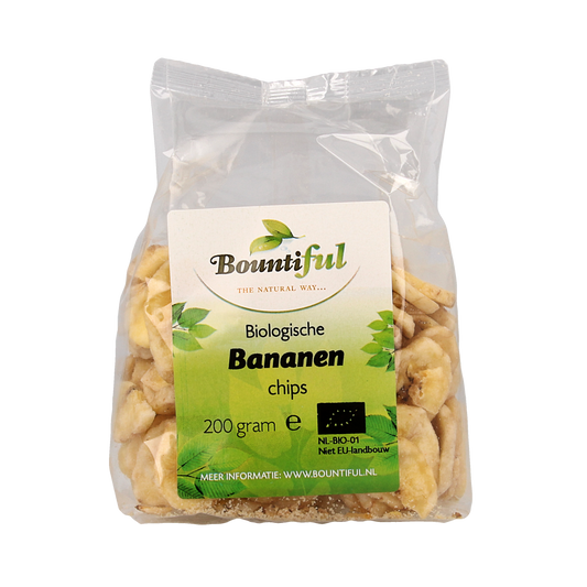 Bountiful organic banana chips snack in a 200g package, showing golden dried banana slices on the front.