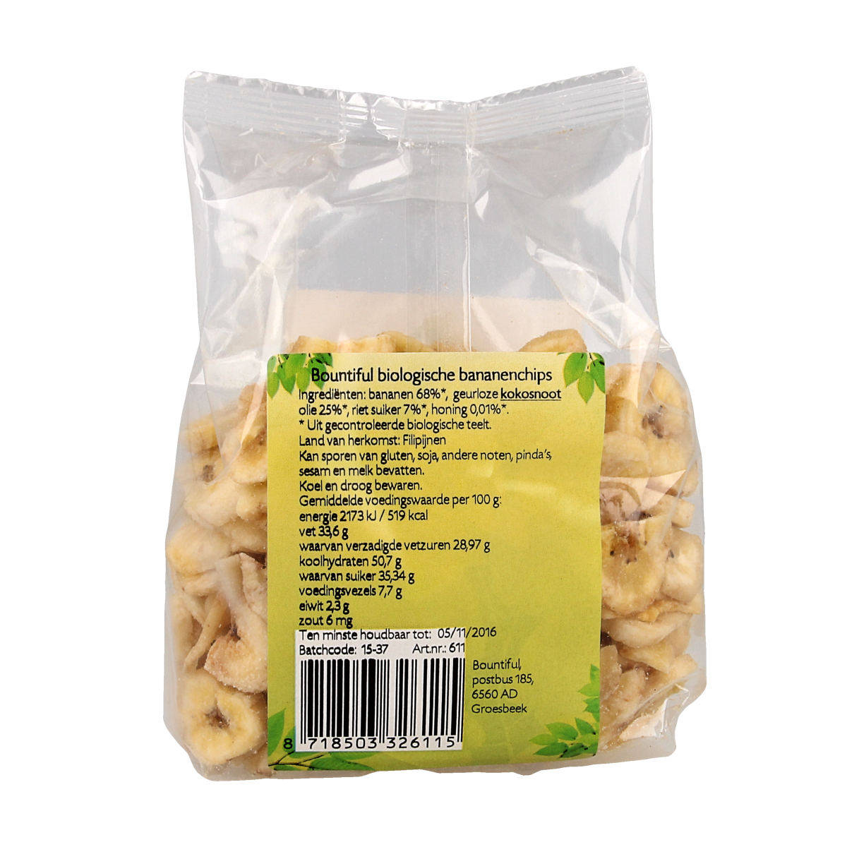Bountiful organic banana chips in a 200g bag, crunchy snacks and healthy tussendoortjes with natural banana flavor