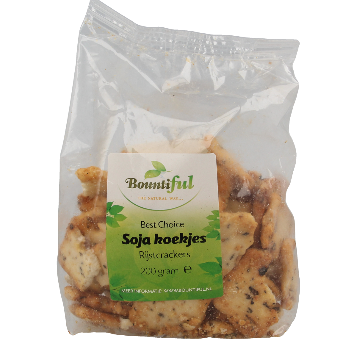 Bountiful Soya cookies 200g, salty chips and zoutjes in a clear package with cookies and chips visible inside
