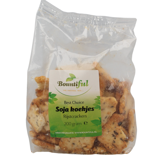 Bountiful Soya cookies 200g, salty chips and zoutjes in a clear package with cookies and chips visible inside