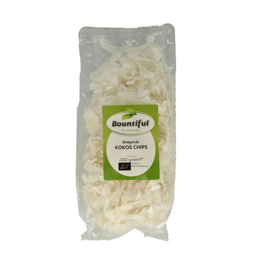 Bountiful Bountiful Kokos Chips Bio, 200g, raw superfoods with golden toasted coconut flakes in a clear package