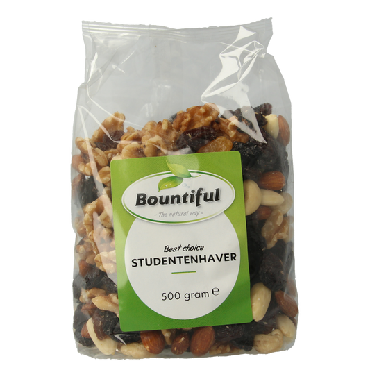 Bountiful Bountiful Studentenhaver snack bag with 500g of mixed nuts and dried fruits, healthy snack from Bountiful.