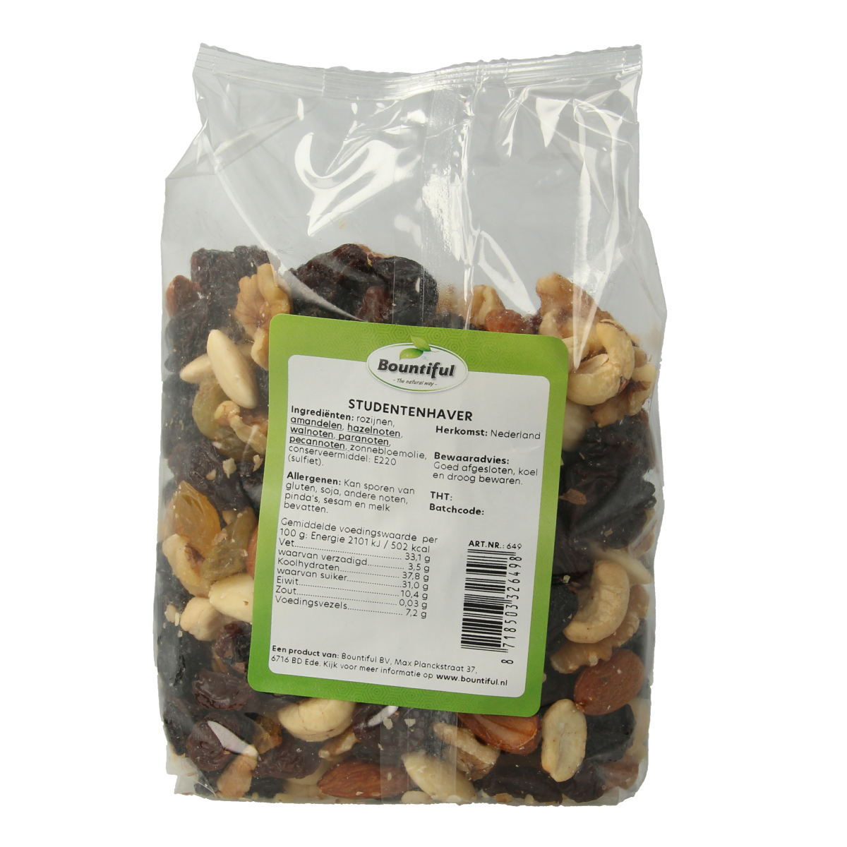 Bountiful Bountiful Studentenhaver snack bag, 500 grams, healthy mixed nuts and dried fruits in a colorful package.