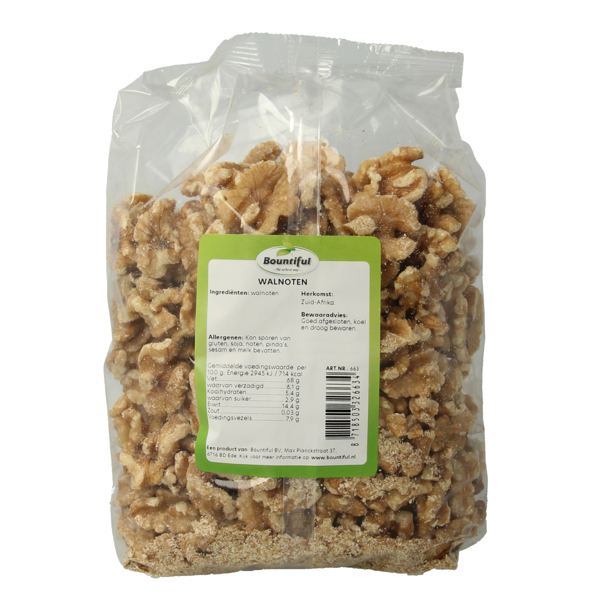 Raw Bountiful Walnoten (walnuts) in a 500g pack, showcasing fresh, whole walnuts from the Bountiful superfoods collection.