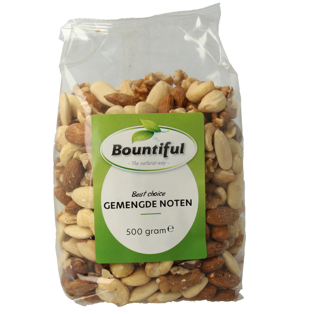 Bountiful Gemengde noten, 500g, raw superfoods mix with almonds, cashews, and walnuts in a clear bowl.