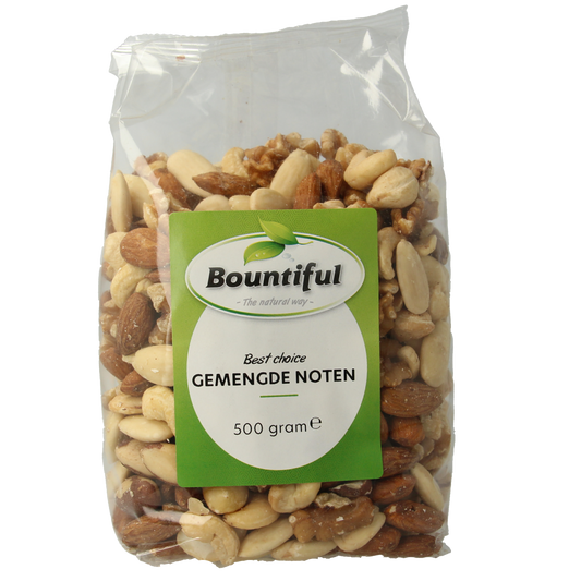 Bountiful Gemengde noten, 500g, raw superfoods mix with almonds, cashews, and walnuts in a clear bowl.