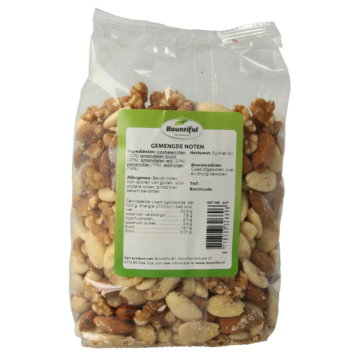 Bountiful Gemengde noten, 500g, raw superfoods with a mix of assorted nuts in a clear container.