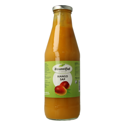 Bountiful Mangosap 750ml bottle of mango juice in clear plastic bottle with label, part of Bountiful drink and juice collection