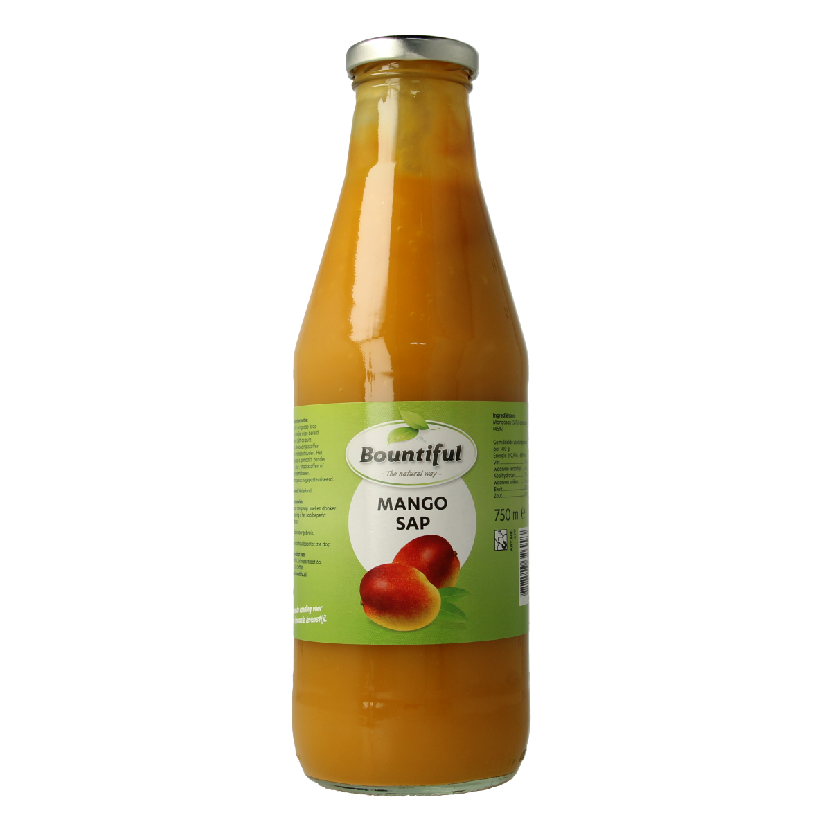Bountiful Mangosap 750ml bottle of mango juice in transparent container with label, fresh and vibrant mango flavor.