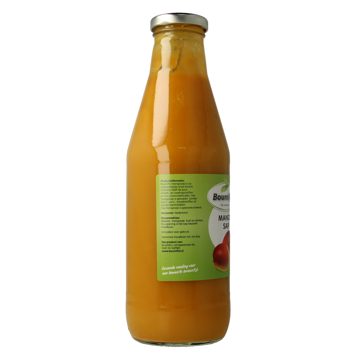 Bountiful Mangosap 750ml bottle showing vibrant mango juice with fresh mango images on the label.