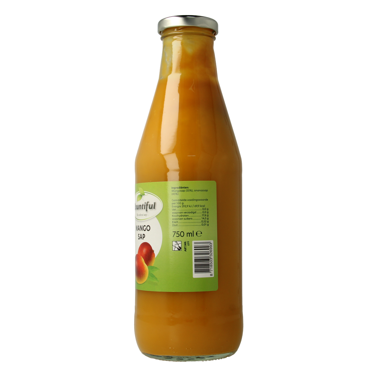 Bountiful Mangosap 750ml bottle, refreshing mango juice in a clear plastic container, featuring vibrant mango images on the label.