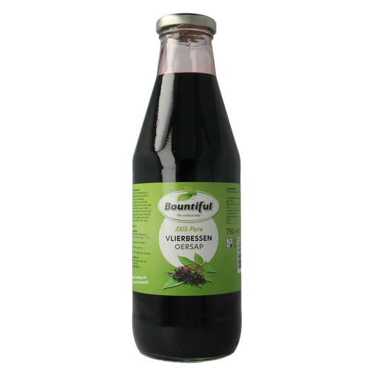 Bountiful Bountiful Vlierbessen oersap 750ml bottle, showing deep purple elderberry juice in a clear glass bottle.