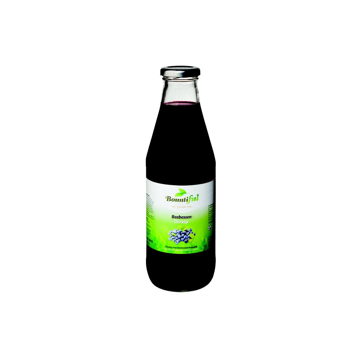 Bountiful Bosbessensap blueberry juice bottle, 750ml, in clear plastic bottle with label, fresh blueberry drink from Bountiful.