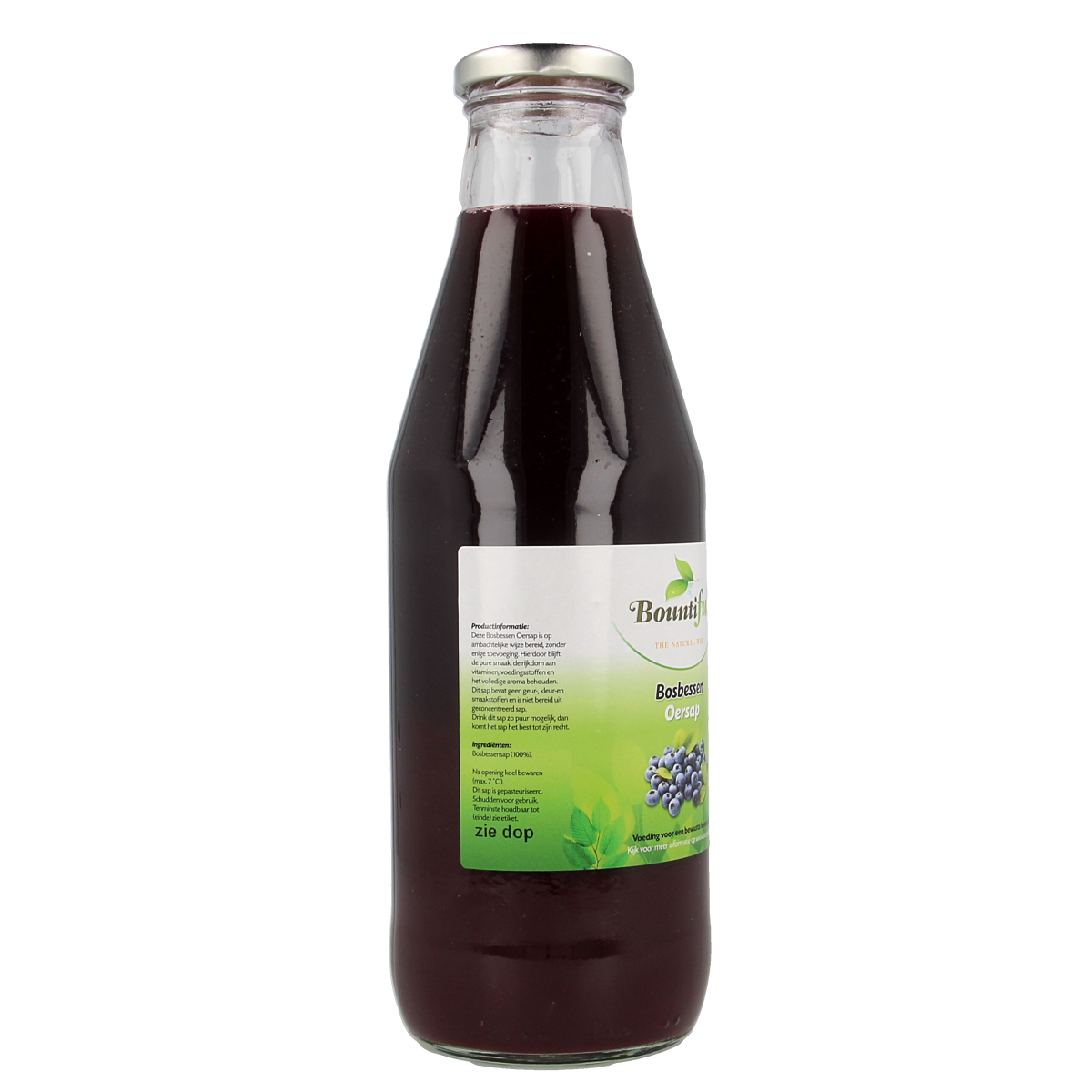 Bountiful Bosbessensap 750ml bottle with purple label and cap, natural blueberry juice in a clear plastic bottle.