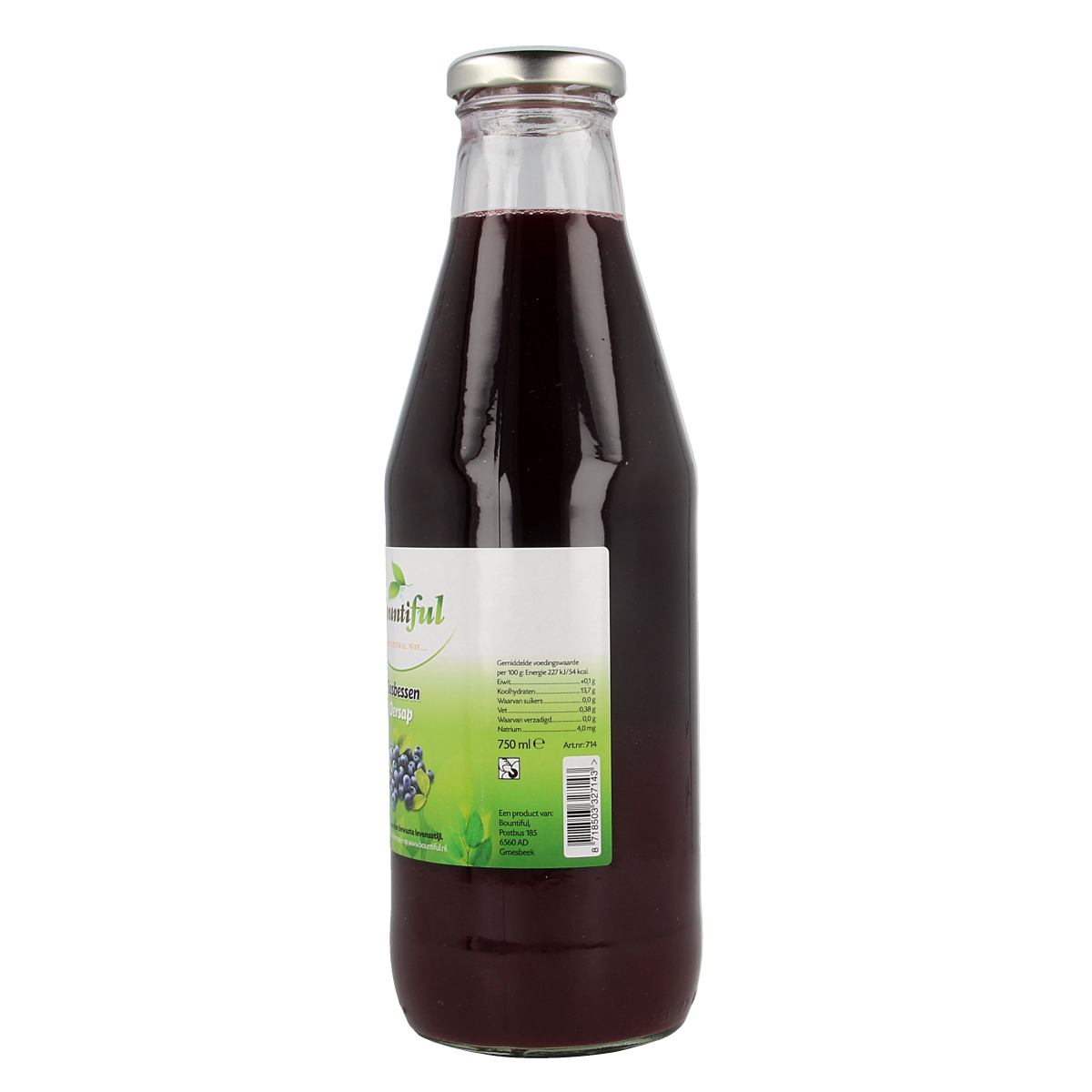Bountiful Bostbessensap 750ml bottle of blueberry juice, in clear plastic bottle with label, natural fruit drink.