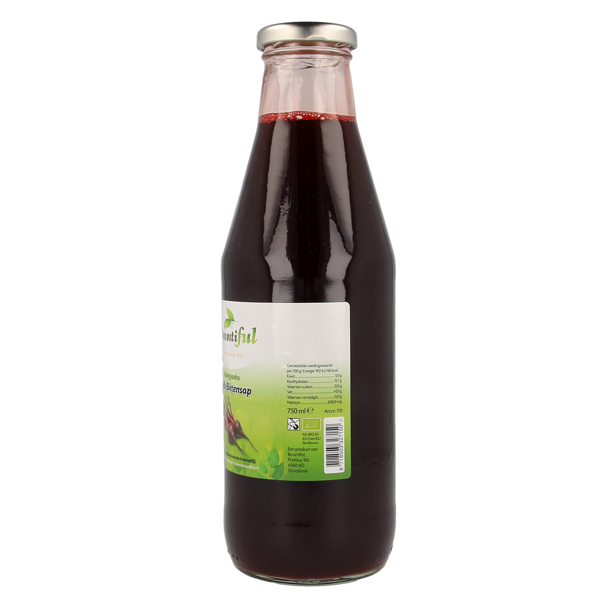 Bountiful Rode Bietensap bio in 750ml bottle, organic beet juice in a clear glass bottle with a red label.