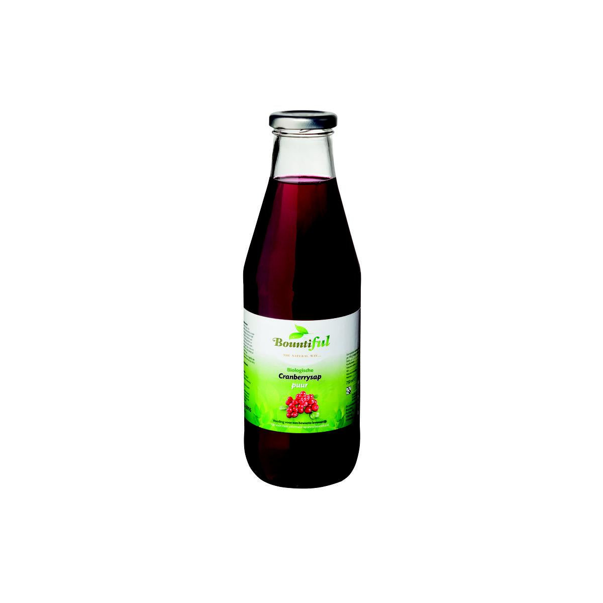 Bountiful Cranberrysap bio 750ml bottle of organic cranberry juice with a vibrant label and clear glass container.