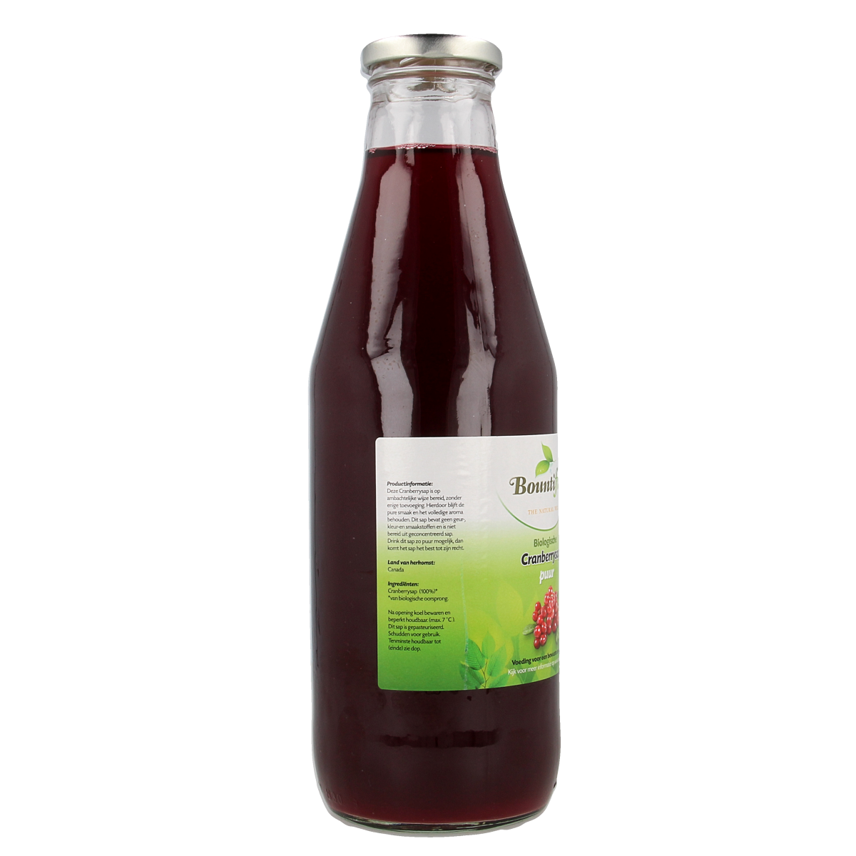 Bountiful Cranberrysap bio 750ml bottle of organic cranberry juice in clear glass bottle with label and cap.