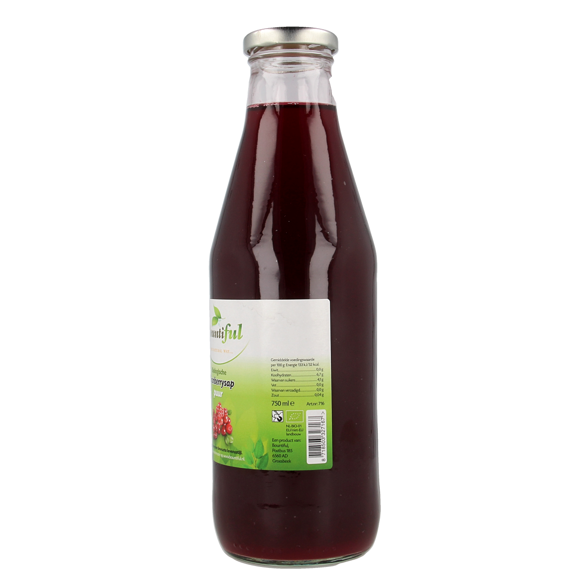 Bountiful Cranberrysap bio 750ml bottle of organic cranberry juice in clear glass bottle with label.