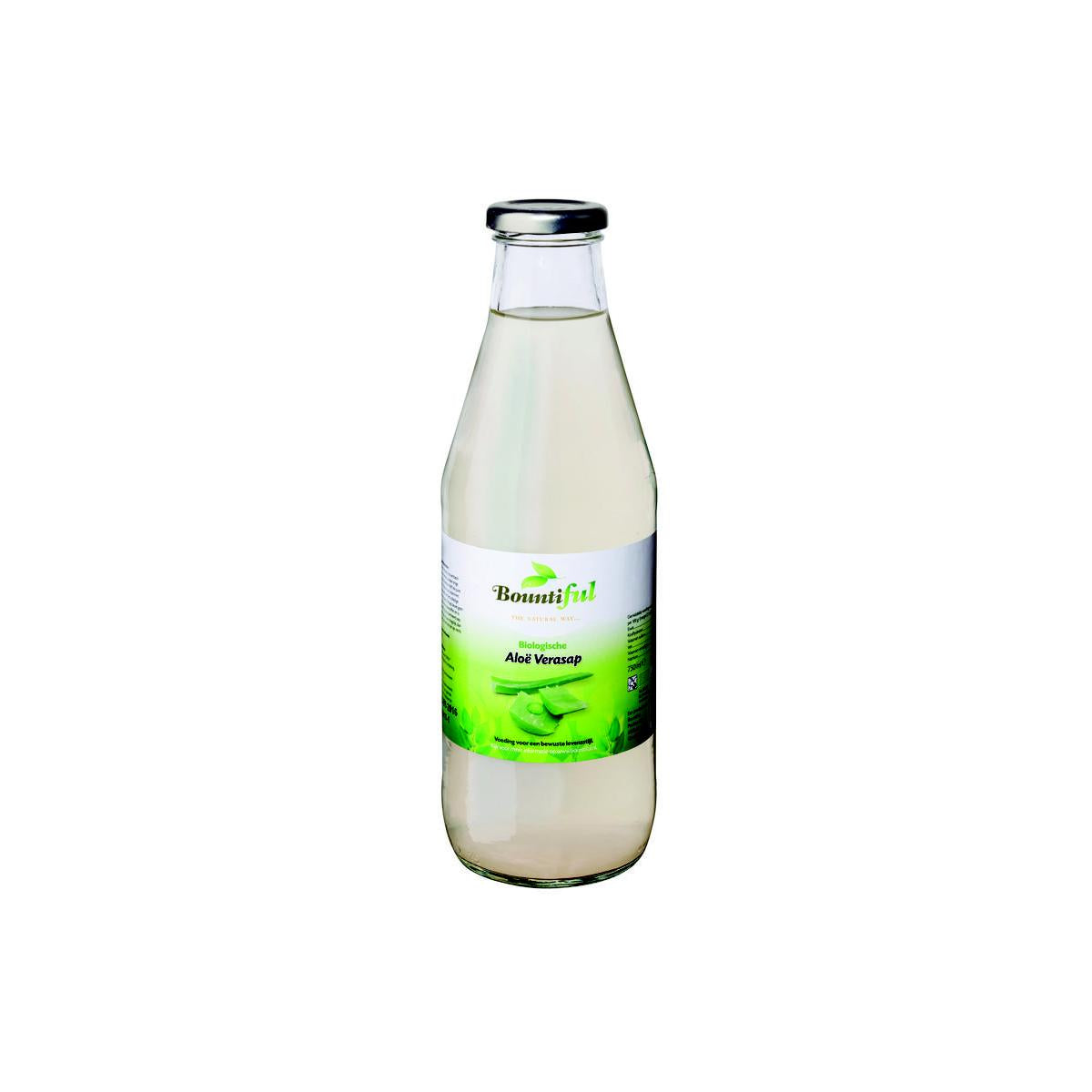 Bountiful organic Aloe Vera juice in 750ml bottle, natural drink and health supplement, featuring clear liquid and aloe vera plant.