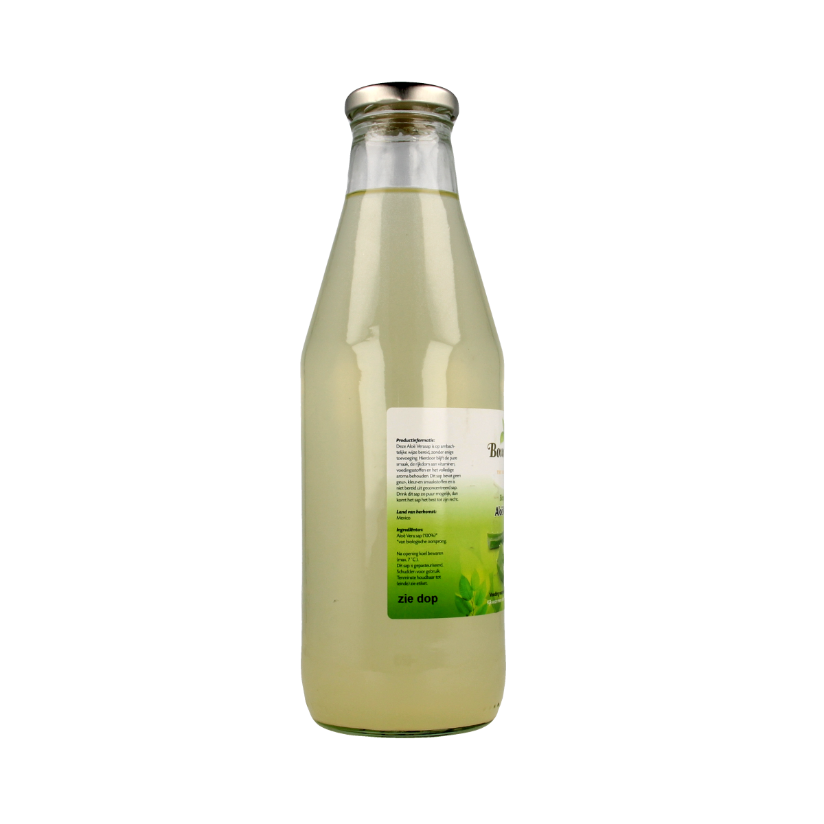 Bountiful organic Aloe Vera juice in a 750ml bottle, natural drink and health supplement with fresh Aloe Vera content.