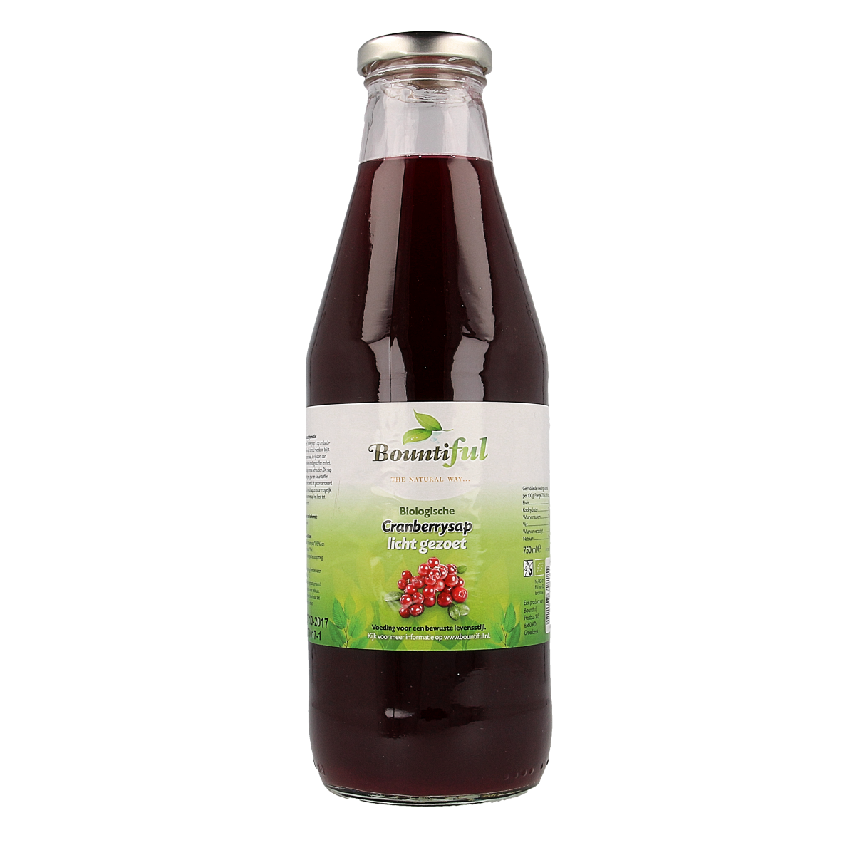 Bountiful Bountiful Cranberrysap gezoet bio, 750ml, organic sweetened cranberry juice in a clear glass bottle.