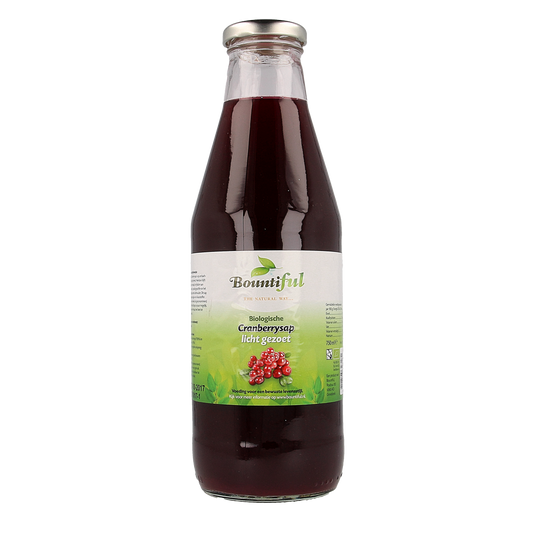 Bountiful Bountiful Cranberrysap gezoet bio, 750ml, organic sweetened cranberry juice in a clear glass bottle.