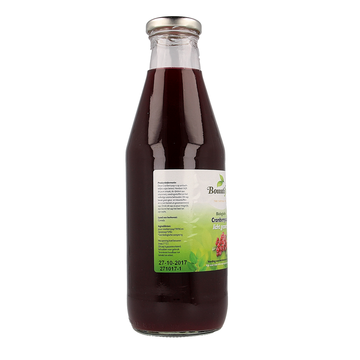 Bountiful Bountiful Cranberrysap gezoet bio 750ml in a clear glass bottle with red cranberry illustrations.