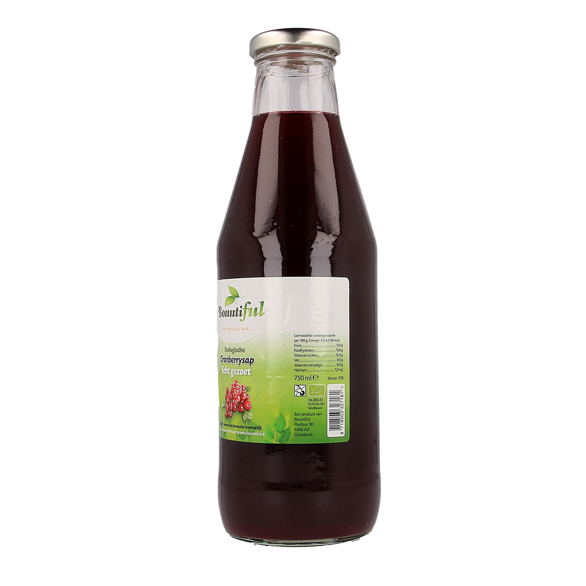 Bountiful Bountiful Cranberrysap gezoet bio, 750ml, organic sweetened cranberry juice in a clear bottle.