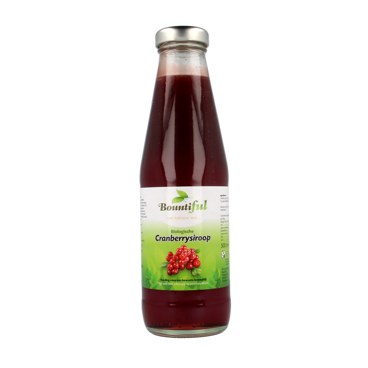 Bountiful organic cranberry syrup in a 500ml bottle, ideal for beverages and cooking, with a vibrant red color.