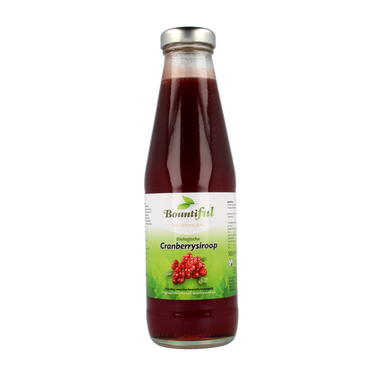 Bountiful organic cranberry syrup in a 500ml bottle, ideal for beverages and cooking, with a vibrant red color.