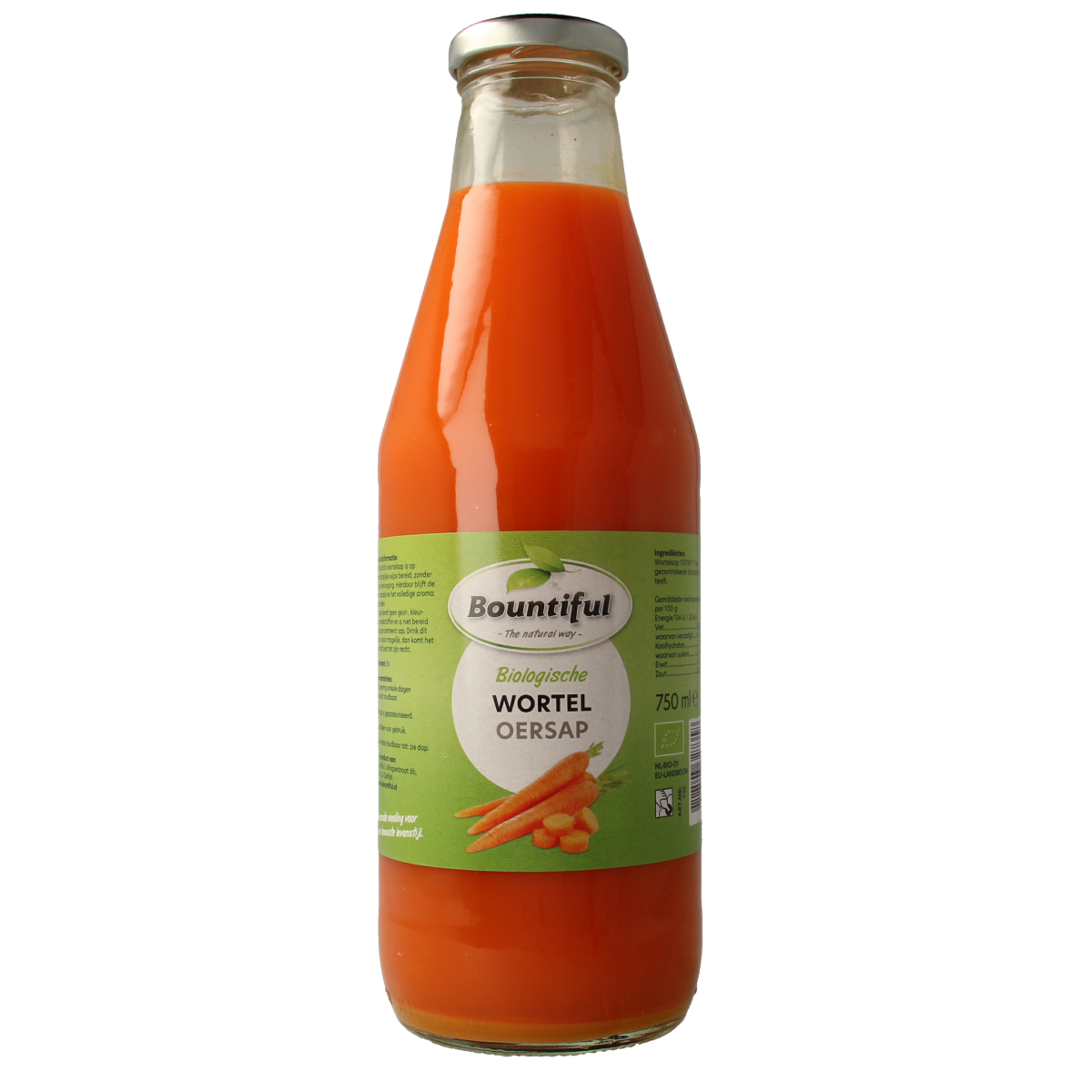 Bountiful organic carrot juice in 750ml bottle, fresh and vibrant, from the Bountiful drink and juice collection.