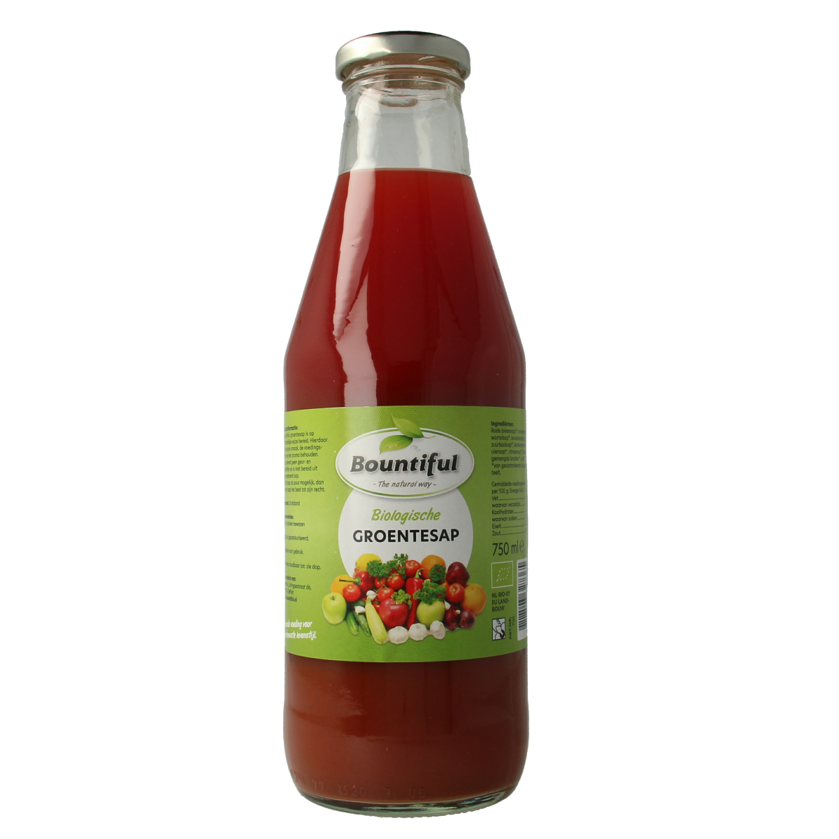 Bountiful bio vegetable juice bottle, 750ml, with fresh green vegetables and fruits visible through the transparent packaging.