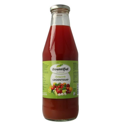 Bountiful bio vegetable juice bottle, 750ml, with fresh green vegetables and fruits visible through the transparent packaging.