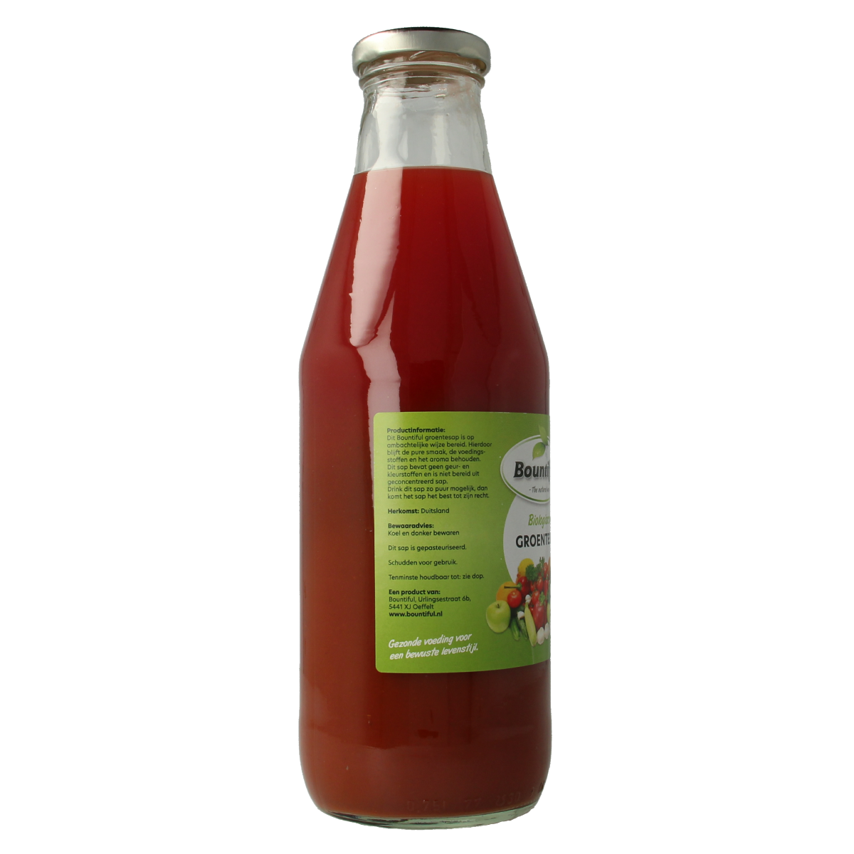 Bountiful organic vegetable juice in a 750ml bottle, with fresh green vegetables visible in the image.