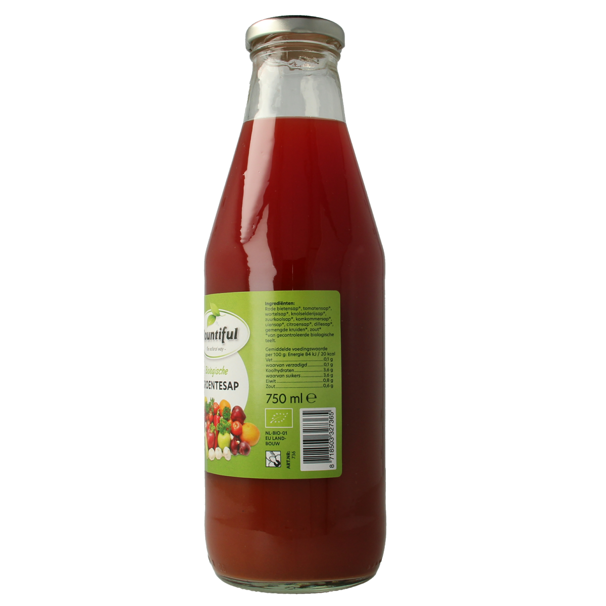 Bountiful Bountiful Groentesap bio 750ml bottle featuring fresh, organic vegetable juice in a clear glass bottle.