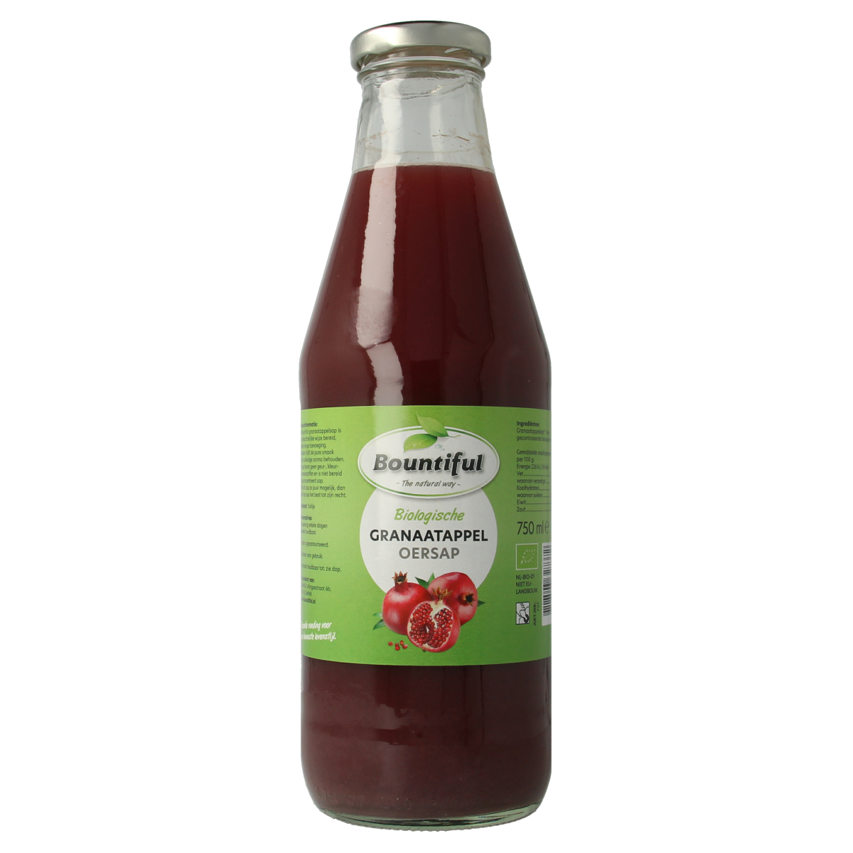Bountiful organic pomegranate juice 750ml bottle, showing red liquid and label with fresh pomegranate images.