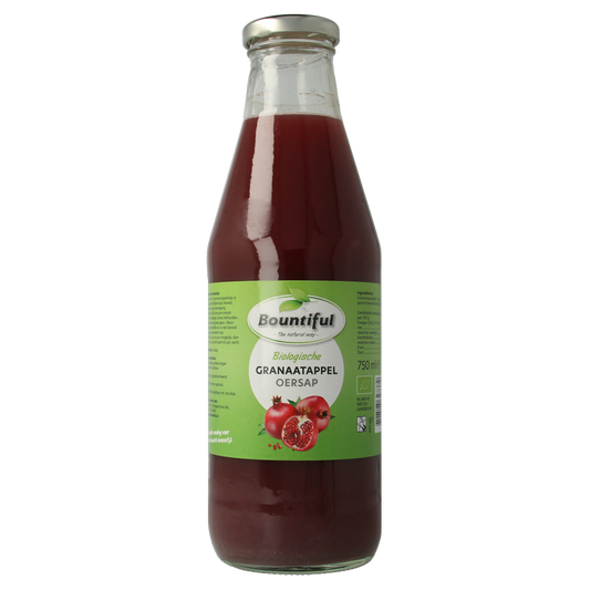 Bountiful organic pomegranate juice 750ml bottle, showing red liquid and label with fresh pomegranate images.