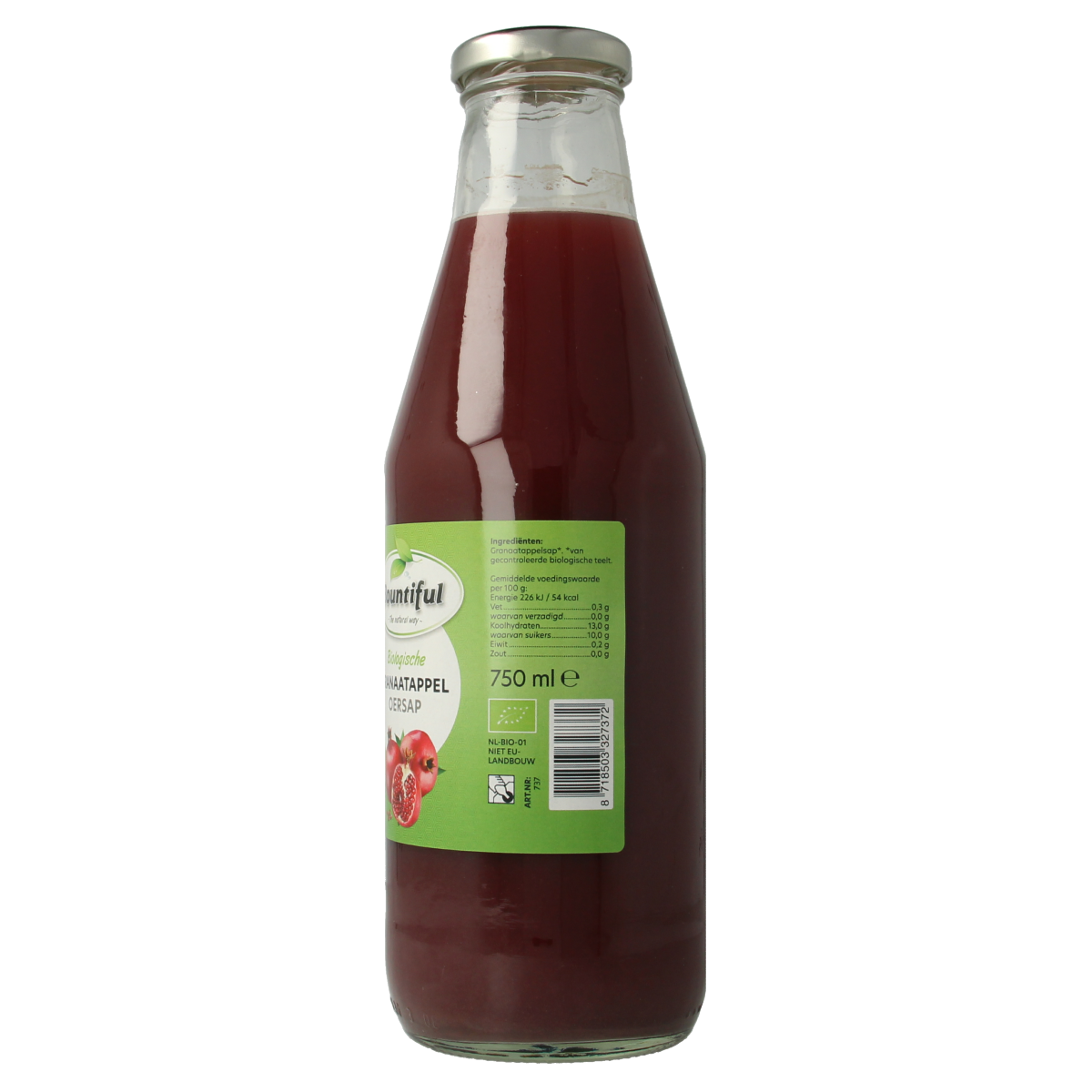 Bountiful organic pomegranate juice bottle, 750ml, with vibrant red liquid and label featuring pomegranate images.