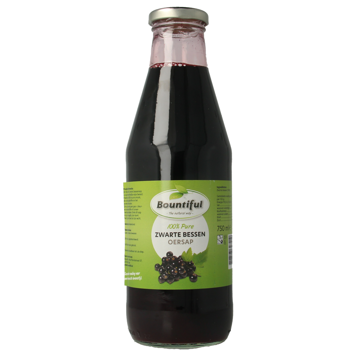 Bountiful Zwarte bessensap in 750ml bottle, dark purple liquid, fresh blackcurrant juice in a clear glass bottle.