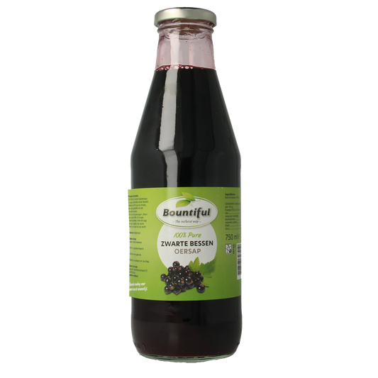 Bountiful Zwarte bessensap in 750ml bottle, dark purple liquid, fresh blackcurrant juice in a clear glass bottle.