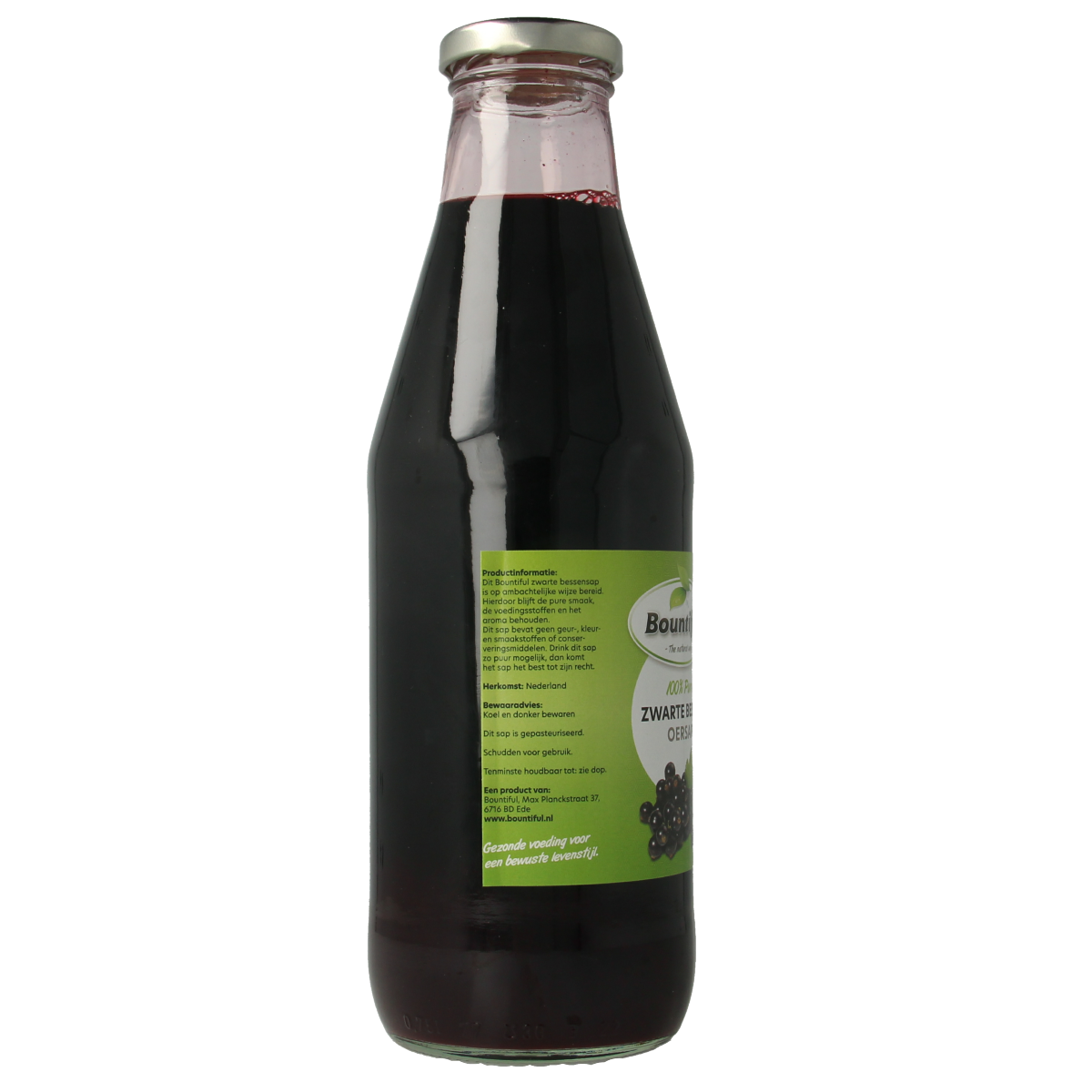 Bountiful Zwarte bessensap in 750ml bottle, showcasing dark blackcurrant juice with fresh fruit imagery.