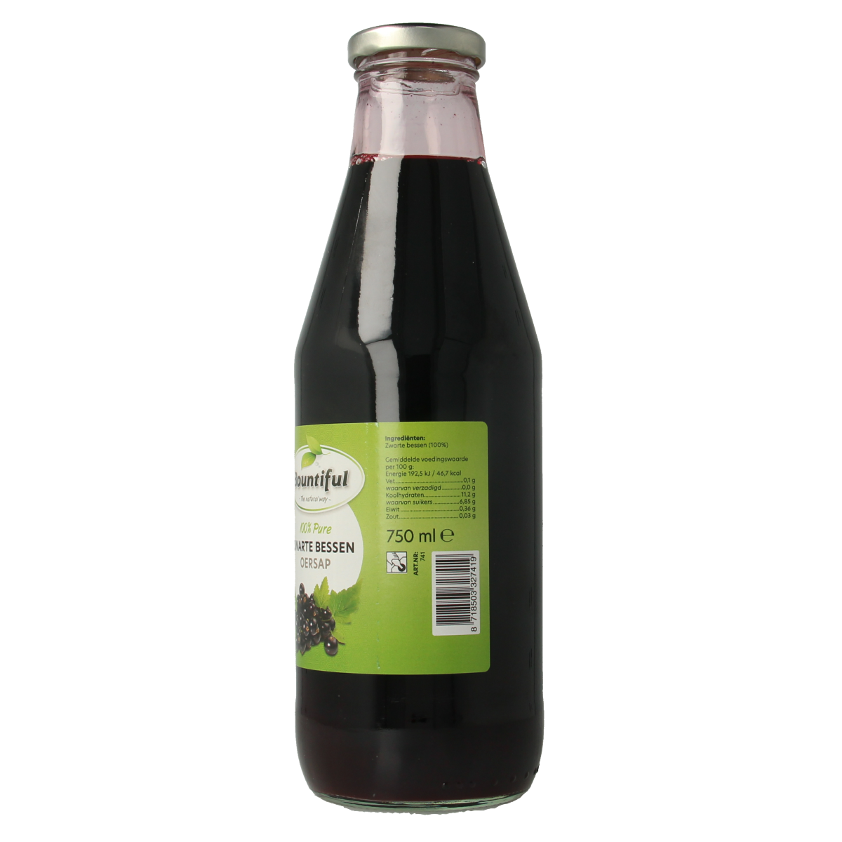 Bountiful zwarte bessensap in 750ml bottle, dark purple liquid with fresh blackberries and berries on the label.
