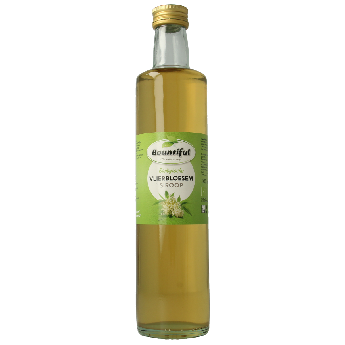 Bountiful organic elderflower syrup in a 500ml bottle, ideal for drinks and flavoring, with a clear label and cap.