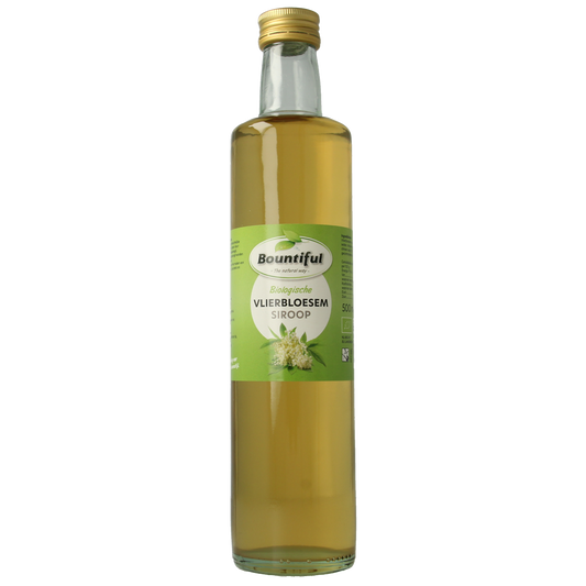 Bountiful organic elderflower syrup in a 500ml bottle, ideal for drinks and flavoring, with a clear label and cap.