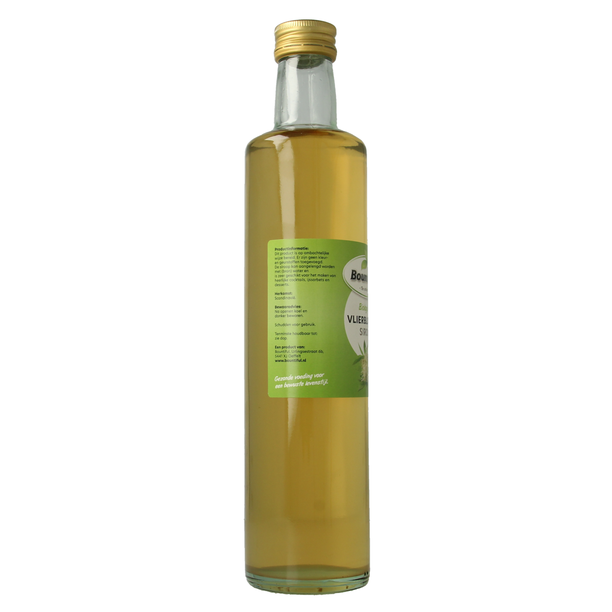 Bountiful organic elderflower syrup bottle, 500ml, for drinks and beverages, with a clear label and golden liquid inside.