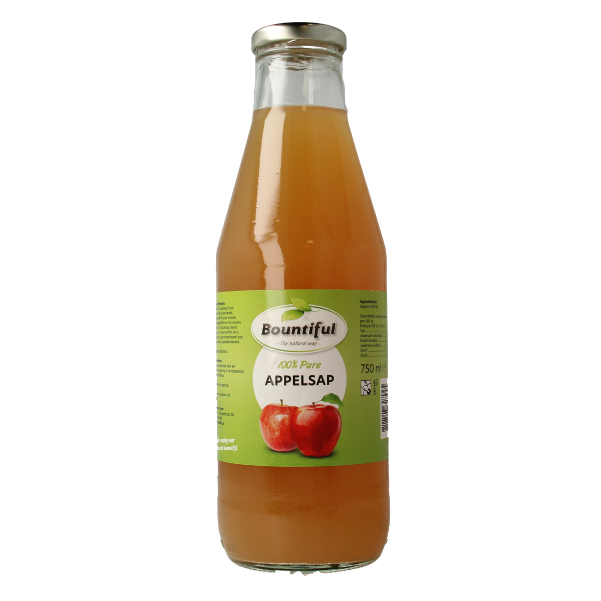 Bountiful Bountiful Appelsap 750ml bottle of fresh apple juice in a clear plastic bottle with a yellow label.